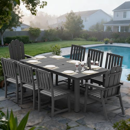 Tioline 9-Piece Patio Dining Set, Outdoor Dining Set for 8, HDPE All-Weather Outdoor Furniture with 75.20” Umbrella Hole Table, 2 Armchairs & 6 Armless Chairs, Gray