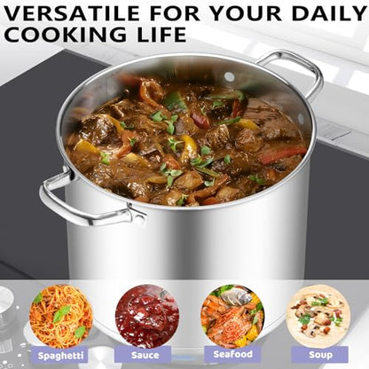 TeamFar Stainless Steel Stock Pot, 14QT Tri-ply Bottom Stockpot Large Cooking Soup Pot with Lid, for Induction Gas Electric Glass Tops, Non Toxic & Sturdy, Straight Sidewall & Various Stovetops Safe