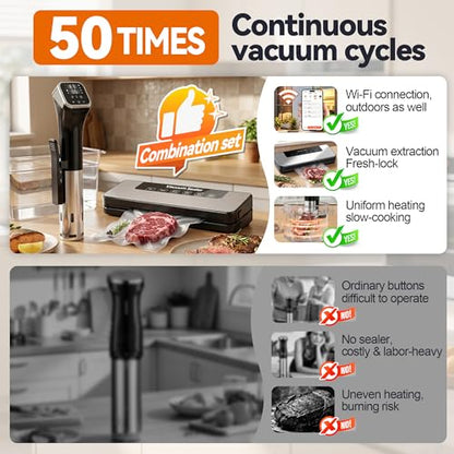 Vinlyto WIFI Sous Vide Cooker Kit, 1100W Sous Vide Machines Immersion Circulator with Vacuum Sealer Machine and Bags, APP Preset Recipes, Accurate Temperature Control, Fast-Heating with Timer