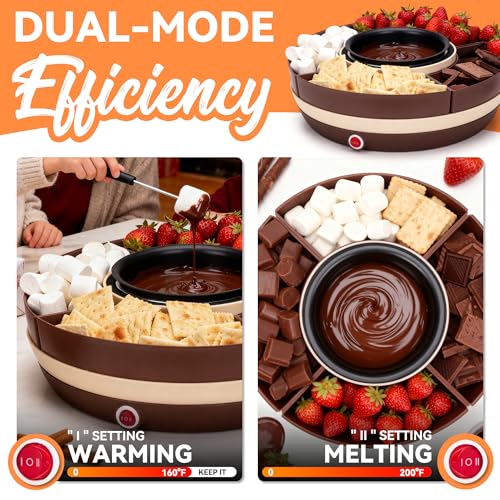JoyMech Cheese & Chocolate Fondue Machine, Candy Melting Pot for Party, Electric Fondue Pot Set, Chocolate Warmer, Hot Chocolate Maker, 4-Section Food Tray, Brown