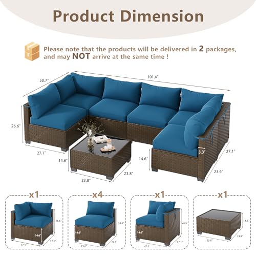 LOUVIXA 7 Piece Outdoor Patio Furniture Set, Outdoor Sectional Sofa, Wicker Rattan Patio Furniture, Patio Conversation Set with Coffee Table & Cushions