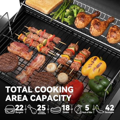 Grills House Barrel Charcoal Grill with Offset Smoker, Side Shelf with Hooks, Mesh Bottom Shelf, Blow-Molded Wheels, Outdoor Grilling and Backyard Cooking, CC1624S, Black
