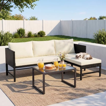 HOMEZILLIONS 3 Pieces Wicker L-Shaped Outdoor Sectional – Patio Couch Set with Tempered Glass Table, Small Rattan Loveseat for Balcony, Deck, Porch, Weatherproof & Easy Clean