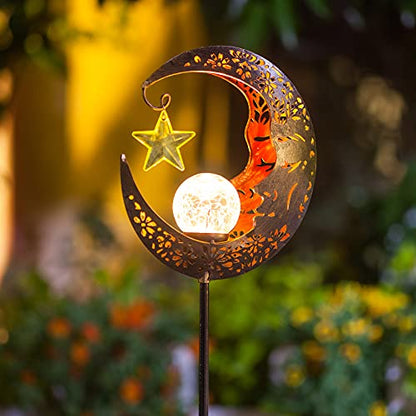 Hapjoy Solar Lights Outdoor Decor Moon Lantern for Patio,Lawn or Pathway Moon Decorations Crackle Glass Globe Stake Metal Lights Waterproof Warm LED Garden Gifts (Bronze)