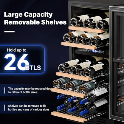 ROVSUN 15 Inch Dual Zone Wine Fridge, 26 Bottle Wine Cooler Refrigerator