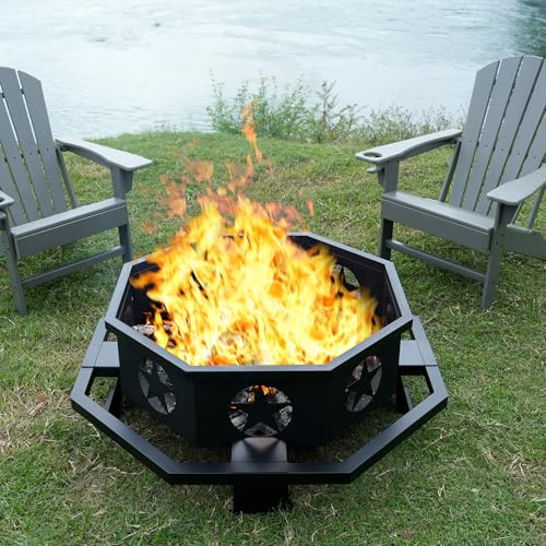 Auhilence 45 inch Large Fire Pit, Outdoor Fire Pit with Heavy Duty Construction, Wood Burning Fire Pits for Outside Octagonal Firepit for Camping, Backyard, Patio, Black