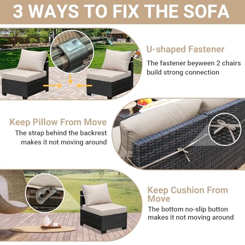 Jing's Villa 6-Piece Patio Furniture Set, All-Weather Outdoor Wicker Sectional Sofa with Cushions, Glass Table & Left and Right Armrest, Rattan Conversation Seating for Porch, Garden, Backyard,Beige