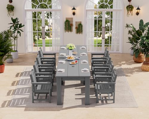 SERWALL Patio Dining Sets for 8, Outdoor Dining Sets for 8 Person with 2 Umbrella Hole Cut-Out Rectangular Tables and 8 Chairs, HDPE Dining Sets for Garden, Backyard, Poolside, Gray