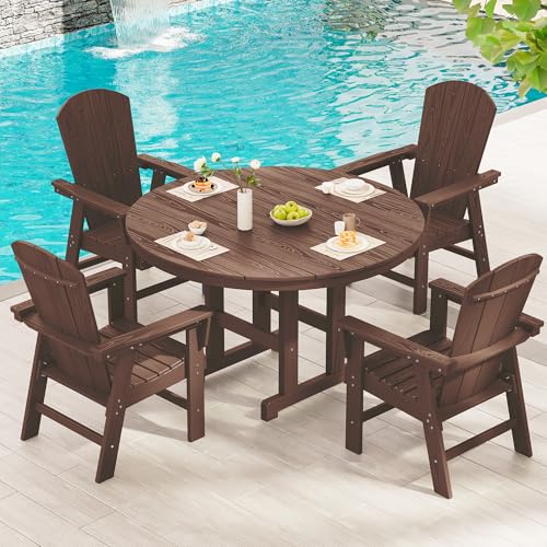 SERWALL 5-Piece Patio Dining Sets, HDPE Outdoor Table and Chairs Furniture Set, 45" Round Dining Table and 4 Adirondack Dining Chair, Coffee