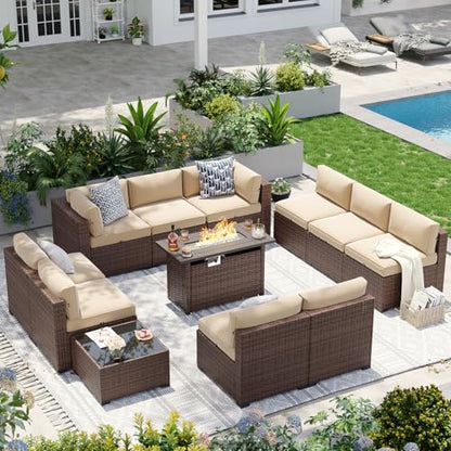 Aoxun Patio Furniture Sets, 12-Piece Outdoor Patio Furniture with 44'' Propane Gas Firepit Table, Wicker Outdoor Conversation Set Sectional Sofa for Backyard, Poolside, Garden