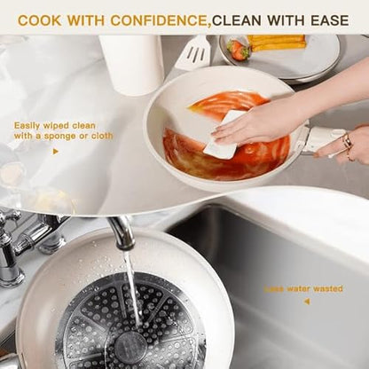 Nonstick 22-Piece Ceramic Cookware Set with Removable Handles, Cream White, Induction Ready, Oven Safe, Stackable
