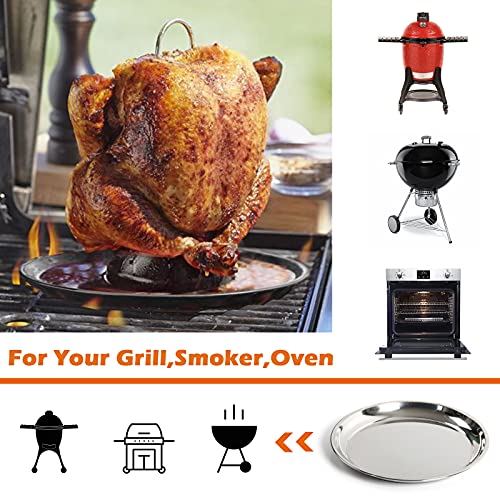 14 In Stainless Steel Roasting Pan, Stainless Steel Heavy Duty Kitchenware Round Roaster Pan Large XLarge Big Size Green Egg Drip Pan for Turkey Baking,Roast Chicken,Brushed Surface & Dishwasher Safe