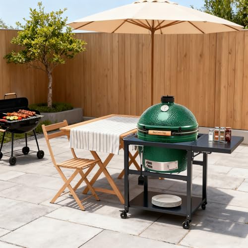 Outdoor Grill Table Cart for XLarge Big Green Egg Accessories, Heavy Duty Metal Rolling BGE Cart with 3 inch Casters, Sturdy Side Table, Hooks, Prefect for Spring BBQ with XL Big Green Egg Stand