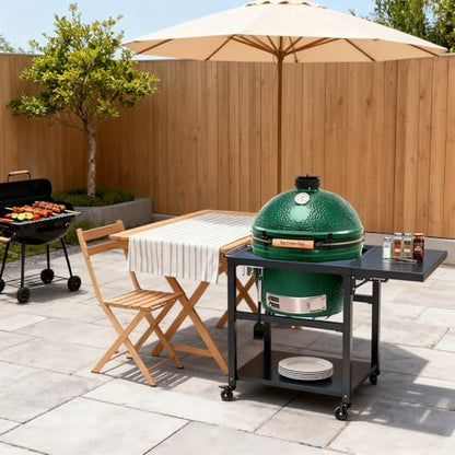 Outdoor Grill Table Cart for XLarge Big Green Egg Accessories, Heavy Duty Metal Rolling BGE Cart with 3 inch Casters, Sturdy Side Table, Hooks, Prefect for Spring BBQ with XL Big Green Egg Stand