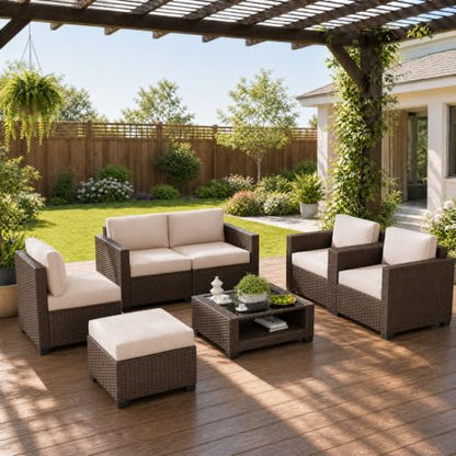 LOUVIXA 7 Piece Outdoor Patio Furniture Set, Rattan Chairs Glass Table Wicker Conversation Seating Sectional Sofa with Cushions (Brown-Beige, 7Pcs-2 Layer Coffee Table)