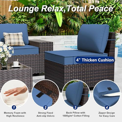ASJMR Outdoor Patio Furniture Set, 6 Pieces Outdoor Sectional Furniture High Backrest Patio Sofa, All-Weather PE Rattan Patio Conversation Set with Coffee Table & Cushions(Dark Blue).