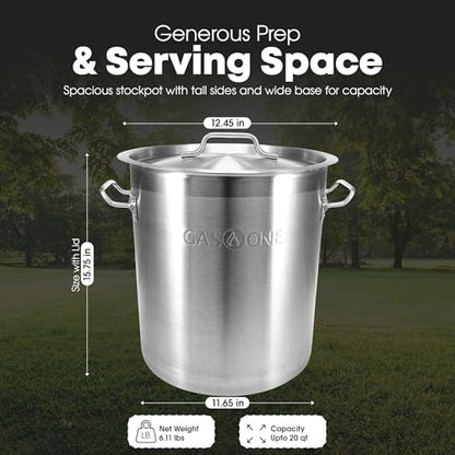 GasOne Stainless Steel Stockpot – 20qt Stock Pot with Lid and Capsule Tri-Ply Bottom – Heavy-Duty Cooking Pot for Beer Brewing, Soup, Seafood Boil – Reinforced Rim Stainless Steel Soup Pot