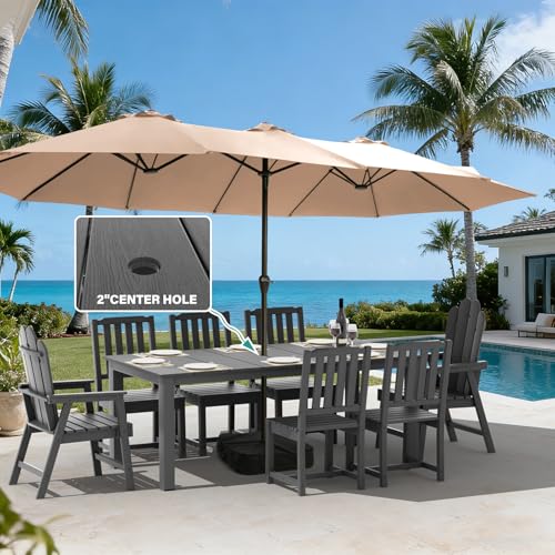 Tioline 9-Piece Patio Dining Set, Outdoor Dining Set for 8, HDPE All-Weather Outdoor Furniture with 75.20” Umbrella Hole Table, 2 Armchairs & 6 Armless Chairs, Gray