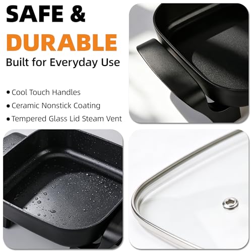 I-Keukenn 8" Electric Skillet with PFAS-Free Non-Stick Ceramic Coating, Removable Electric Frying Pan with Adjustable Temperature, Reversible Design, Tempered Glass Lid, Black