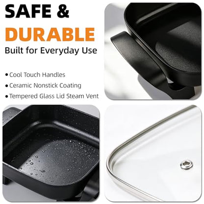I-Keukenn 8" Electric Skillet with PFAS-Free Non-Stick Ceramic Coating, Removable Electric Frying Pan with Adjustable Temperature, Reversible Design, Tempered Glass Lid, Black