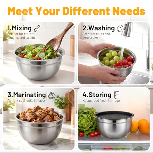 Beasea Mixing Bowls with Lids, 2 Pack 1.5 QT Small Stainless Steel Mixing Bowls with Airtight Lids, Nesting Metal Bowl Set for Kitchen, Baking, Prepping, Serving, Cooking