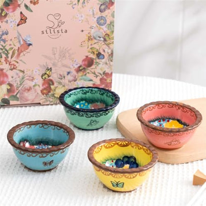 Handmade 3 oz Ramekins, silesia Ceramic Creme Brulee Pudding Cups Set of 4 - Hand Painted Small Sauce Bowl for Kitchen in Gift Box, Microwave & Dishwasher Safe, 3.5 inch, Assorted Glazed