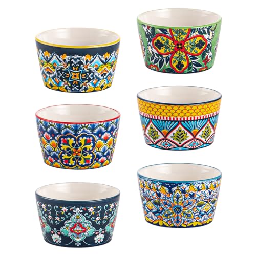 8 oz Ramekins Oven-Safe – Baking Cups for Creme Brulee, Puddings, Souffles, Custards, Ice Cream & Dips – Ceramic Single-Serve Bowls Set of 6, Bohemian Style