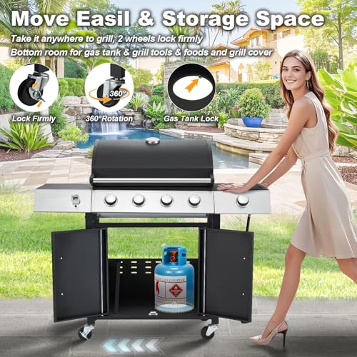 MELLCOM Upgraded 44,000 BTU Stainless Steel Burner Barbecue Grill, 4 Burner BBQ Propane Gas Grill with Side Stove & Cast Iron Grates for Patio, Camping, Outdoor Cooking