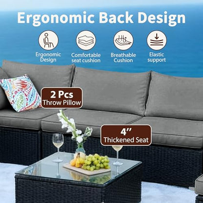 ZJEYEJZ 7 Pieces Black Patio Furniture Set - All-Weather Outdoor Sectional Wicker Conversation Sofa, Rattan Patio Seating Sofa Set with Grey Cushions and Glass Table for Porch Poolside, Spring 2026