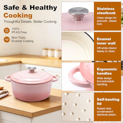 WOKINS Enameled Cast Iron Dutch Oven - 5.5QT Pot with Lid,Oven Safe to 500°F,Heavy-Duty Cookware for Sourdough Bread Baking,Braising,Stews,Roasting Pink