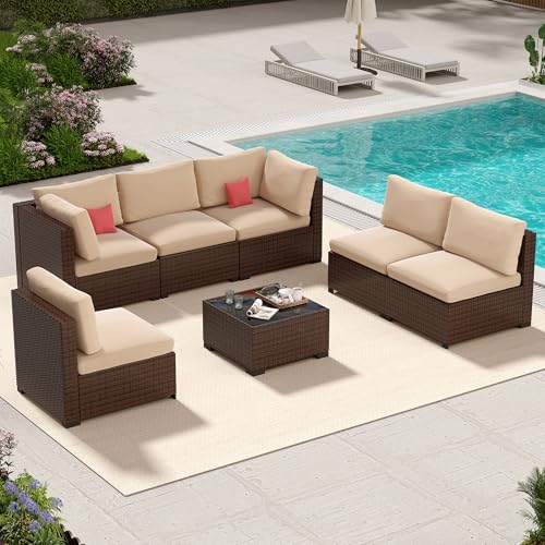 LHBcraft 7 Piece Outside Sectional Furniture Set, All Weather Wicker Patio Sofa, Outdoor Sectional Balcony Furniture with Beige Cushion & Glass Coffee Table