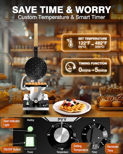 PYY Bubble Waffle Maker - Commercial Egg Puff Waffle Iron Machine, 180° Rotating, Non-stick Coating, 1500W Hong Kong Electric Stainless Steel, 122-482℉, 30 Egg Cones
