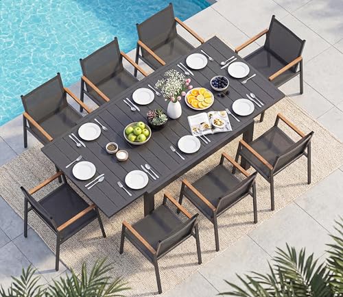Oasbira Outdoor Aluminum Patio Dining Table Set for 8 Person, Expandable Outdoor Table and 8 Chairs with Textilene Fabric & HDPS Armrest, All-Weather Patio Furniture Set for Yard, Deck, Gray
