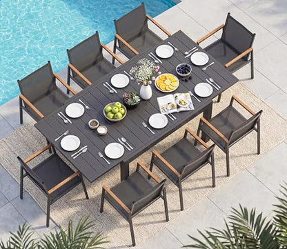Oasbira Outdoor Aluminum Patio Dining Table Set for 8 Person, Expandable Outdoor Table and 8 Chairs with Textilene Fabric & HDPS Armrest, All-Weather Patio Furniture Set for Yard, Deck, Gray