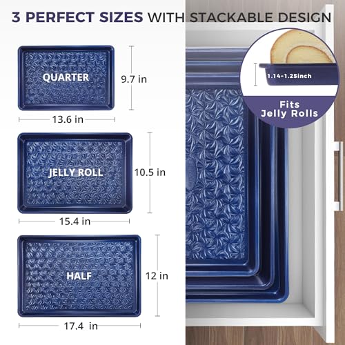 HONGBAKE Nonstick Baking Sheet Pan Set of 3, Cookie Sheets for Oven, Non-Toxic Half/Quarter/Jelly Roll Pans with Floral Swirl Texture, Heavy Duty 0.8mm Thick Oven Trays for Cooking, Blue