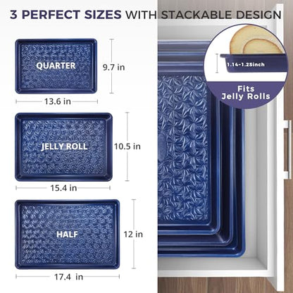 HONGBAKE Nonstick Baking Sheet Pan Set of 3, Cookie Sheets for Oven, Non-Toxic Half/Quarter/Jelly Roll Pans with Floral Swirl Texture, Heavy Duty 0.8mm Thick Oven Trays for Cooking, Blue