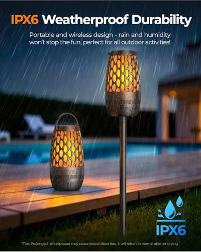 Outdoor Speakers Bluetooth Waterproof IPX6 with Flame Lights, Gadget Gifts for Men/Women, Hd Stereo Sound, BT 5.3 Multi-Sync to 100 Speakers, Portable Wireless Speaker for Patio Cafe Decor Party