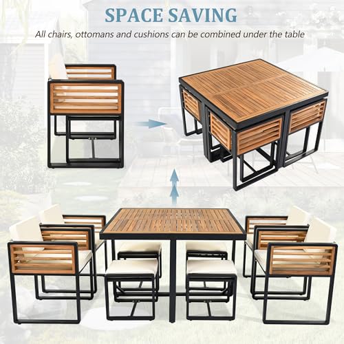 Merax 18 Pieces Outdoor Dining Set for 16 People, Acacia Wood Patio Furniture Sets with 2 Square Tables, 8 Cushioned Chairs and 8 Ottomans for Backyard, Garden, Lawn, Poolside, Beige
