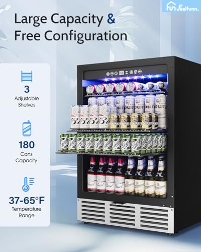 Feelfunn 24 inch Beverage Refrigerator - 180 Cans Beverage Fridge Under Counter with Stainless Steel Door, Built-in or Freestanding Beer Fridge, Outdoor Refrigerator for Patio Kitchen Home Bar