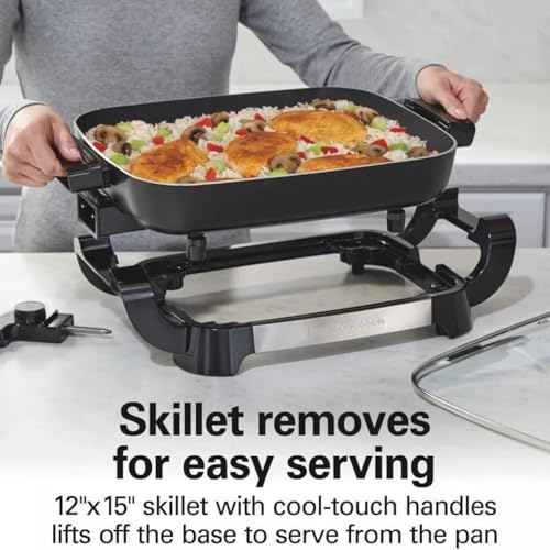 Hamilton-Beach 20.5" x 12.5" x 7.5" Durathons Ceramic Reversible Nonstick Electric Skillet, Large Cooking Surface, Adjustable Temperature Control, Easy Cleaning, Glass Lid, Black