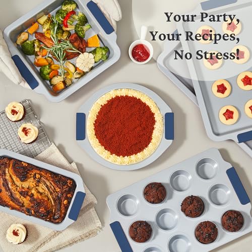 BRONYPRO Nonstick Ceramic Bakeware Set (9 Pieces),Heavy Duty Aluminized Steel Bakeware-Baking Pans Set with Silicone Handles,Includes Sheet Pans,Loaf Pan,Muffin pan,Cake pans,PTFE & PFOA Free - Blue