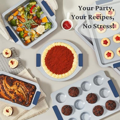 BRONYPRO Nonstick Ceramic Bakeware Set (9 Pieces),Heavy Duty Aluminized Steel Bakeware-Baking Pans Set with Silicone Handles,Includes Sheet Pans,Loaf Pan,Muffin pan,Cake pans,PTFE & PFOA Free - Blue
