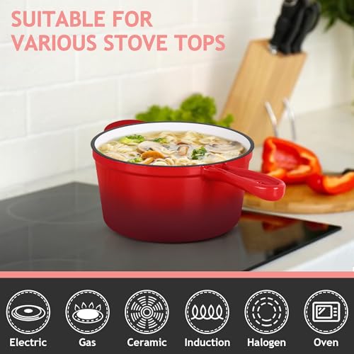 TeamFar Enameled Cast Iron Sauce Pan, 1QT Small Sauce Pot with Lid, Mini Dutch Oven Saucepan for Cooking/Simmering/Baking/Boiling, Sturdy & Nonstick, Oven Safe & Fit for Induction-Red