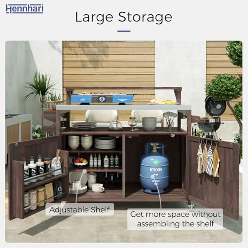 Hennhari Outdoor Kitchen Island with Stainless Steel Top & Raised Shelf, Rolling Grill Cart with Spice & Towel Rack, Outdoor Island Table with Storage Cabinet & Hooks (Brown)