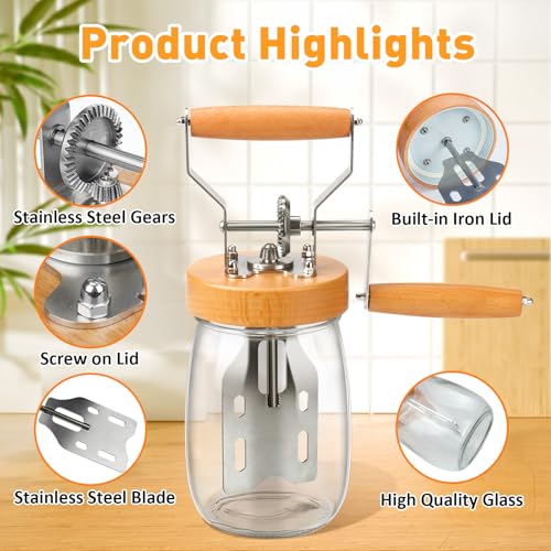 TeeMars Butter Churner - Mason Jar Butter Churner Hand Crank, 34oz Manual Butter Maker in 15 Min, Free 14 Recipes, Paddle, Mold with Lid, Cheese Cloth & Anti-slip Mat