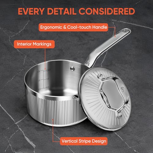 GLOBEHOME 2 Quart Saucepan with Lid, 5-Ply Stainless Steel Sauce Pan, Induction Compatible & Oven Broiler Safe to 800°F, Heavy Duty Sauce Pot for Even Heating, Dishwasher Safe