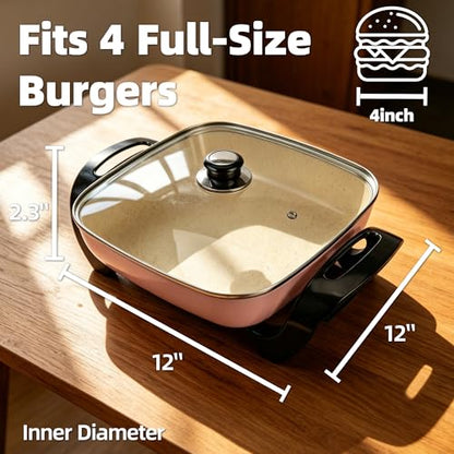 I-Keukenn 12" Ceramic Nonstick Electric Skillet with Tempered Vented Glass Lid, Scratch-Resistant Surface, Cool-Touch Handles, Removable Easy-to-Clean Design, 1200W, Vibrant Pink