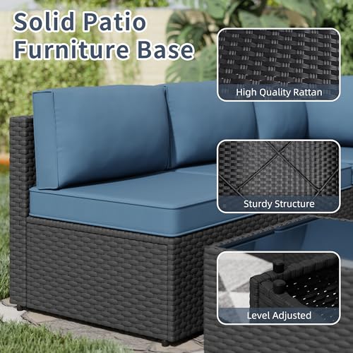 SUNLEI 5 Piece Patio Furniture Set, Outdoor Rattan Sectional Sofa with Coffee Table, Low-Back Modular Patio Conversation Set with Washable Cushions, Black Rattan, Aegean Blue