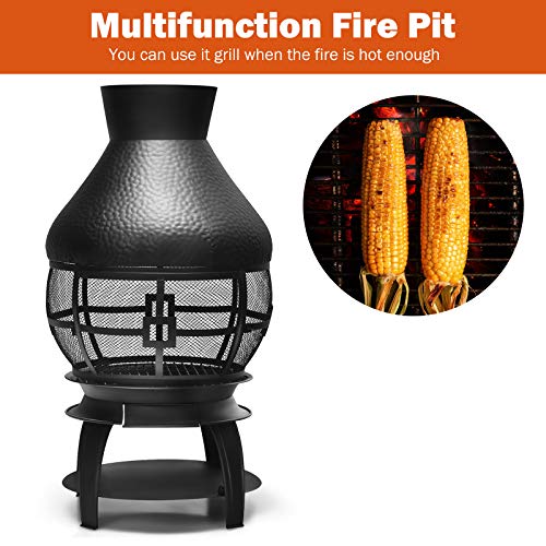 Giantex Wood Burning Chiminea, Heavy Duty Fireplace Chiminea Wooden Fire Pit with 2-Piece Log Grate, Premium Rain Cap & Fire Poker, 360°Fire Retardant Mesh Cover, Ideal for Garden, Patio, Backyard