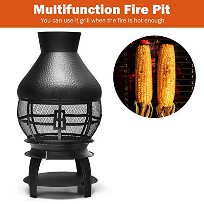 Giantex Wood Burning Chiminea, Heavy Duty Fireplace Chiminea Wooden Fire Pit with 2-Piece Log Grate, Premium Rain Cap & Fire Poker, 360°Fire Retardant Mesh Cover, Ideal for Garden, Patio, Backyard